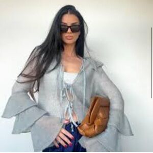 Zara Ruffle Trim Tie Front Cardigan Sweater M Womens Alpaca Wool Gray Blue